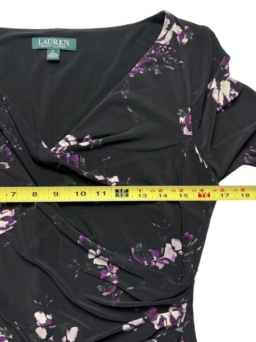 Lauren Ralph Lauren Black Floral Surplice Ruched Jersey Dress • 6 • 3/4 Sleeve - Picture 6 of 12